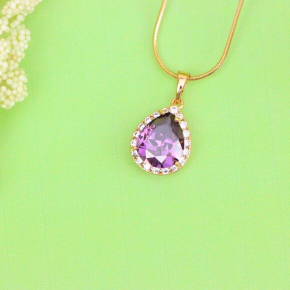 "Teardrop Purple Pendant with Crystal Halo in Elegant Rose Gold Finish, XPPT1615 - Picture 2 of 13